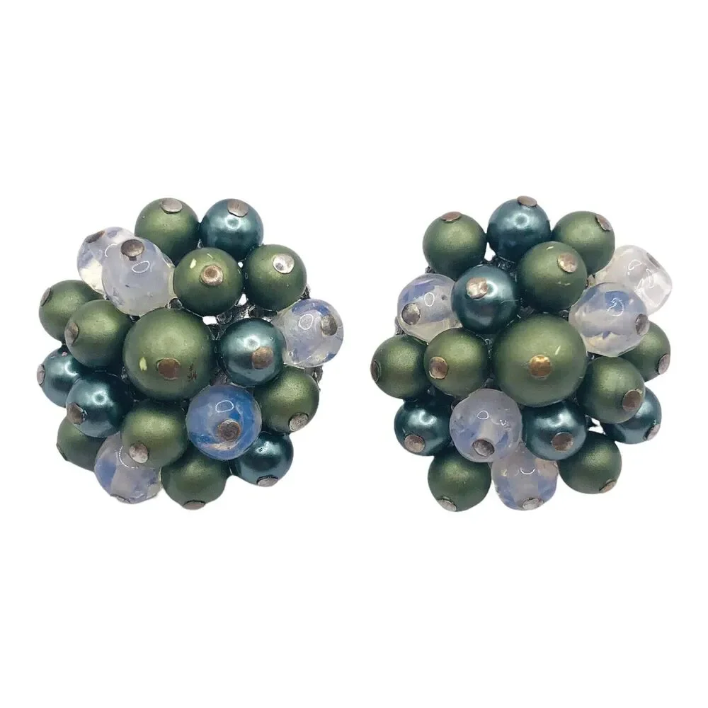 Vintage Japan Green Cluster Beads Silver Tone Clip On Earrings Jelly Belly Matte